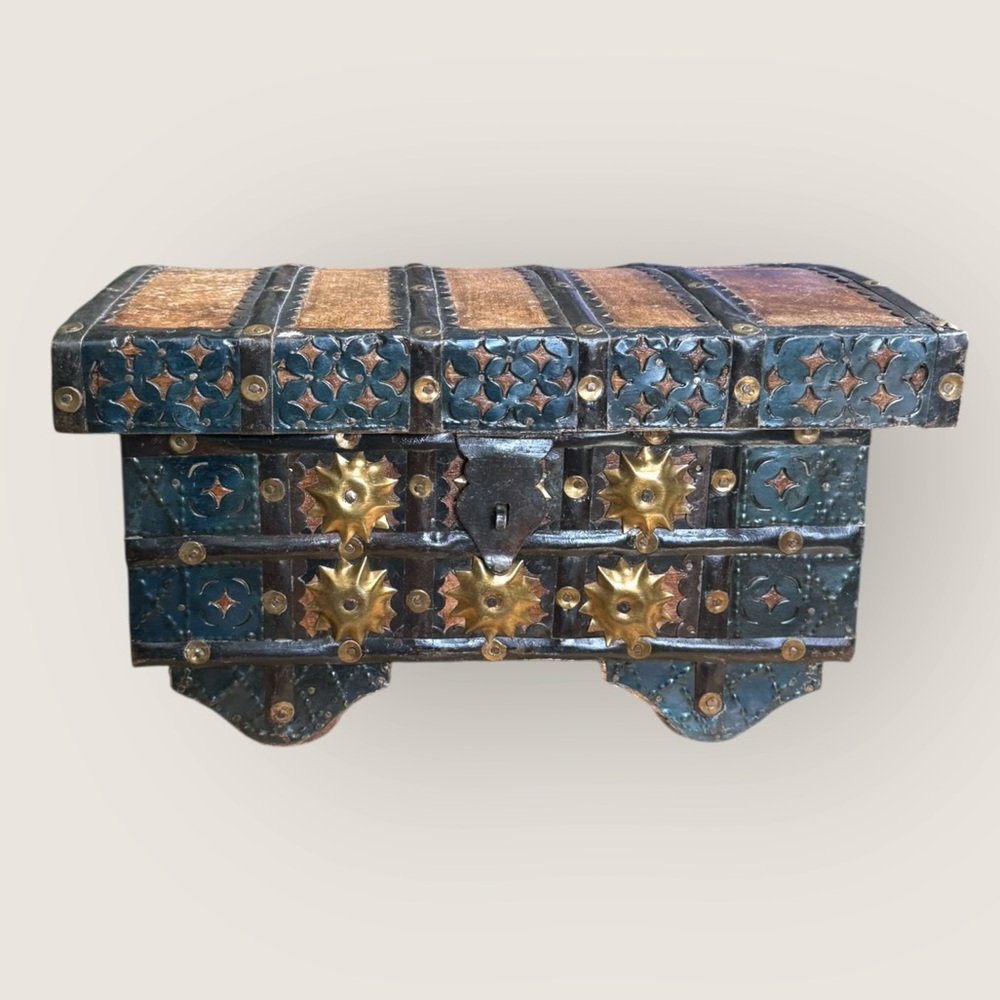 Antique Vintage Indian Iron & Brass Pitara Wood Chest